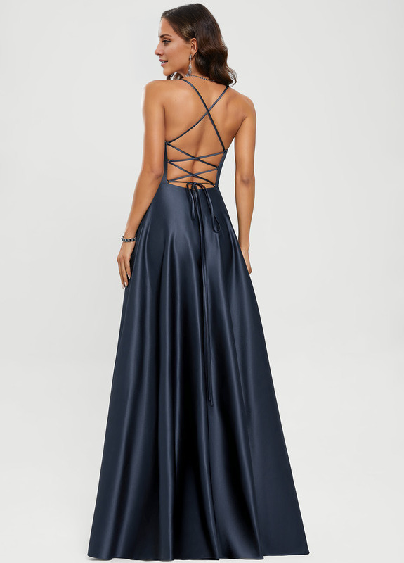 A-line V-neck floor-length satin prom dress