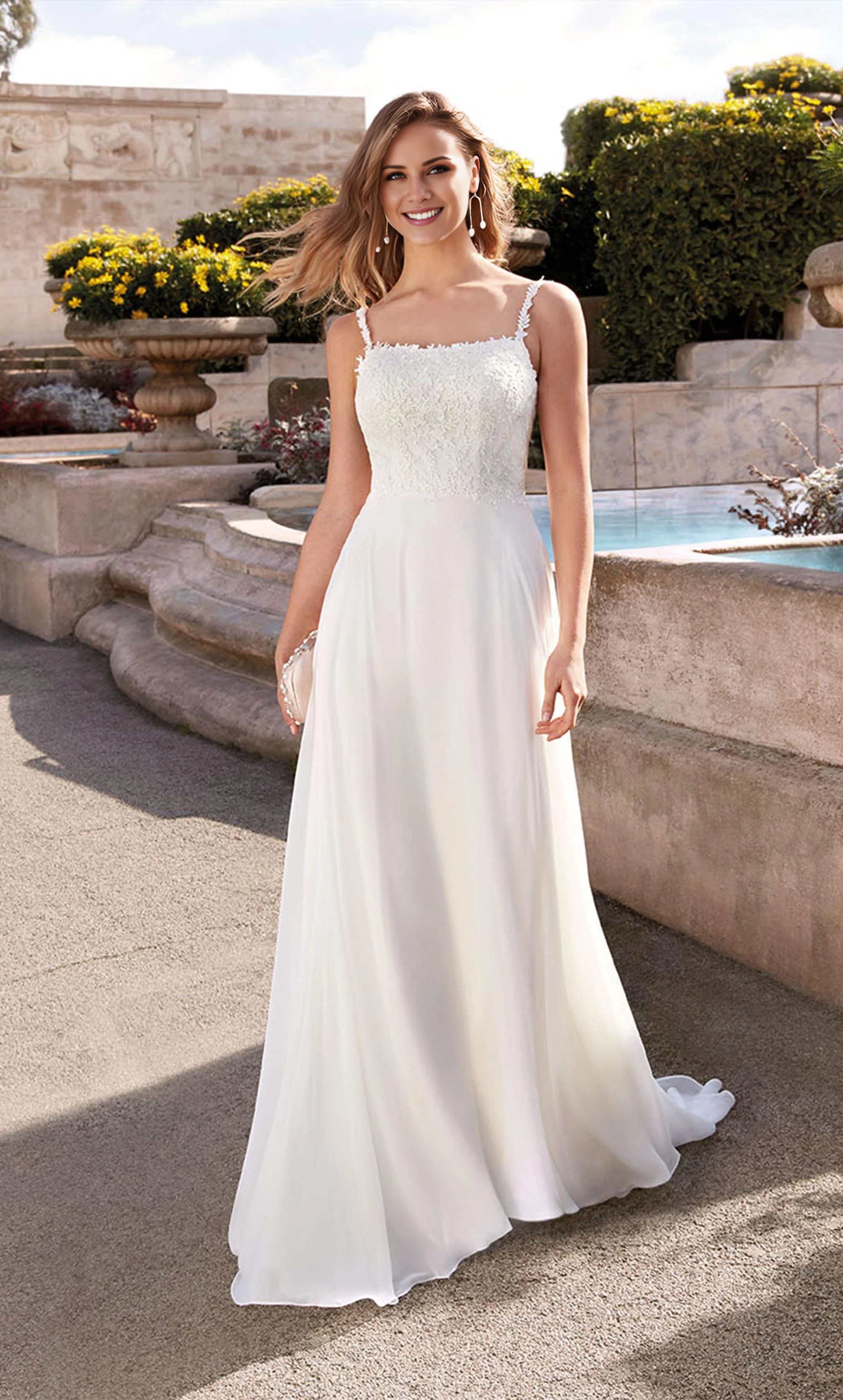 Chiffon lace square collar with flowing back tie for wedding dress