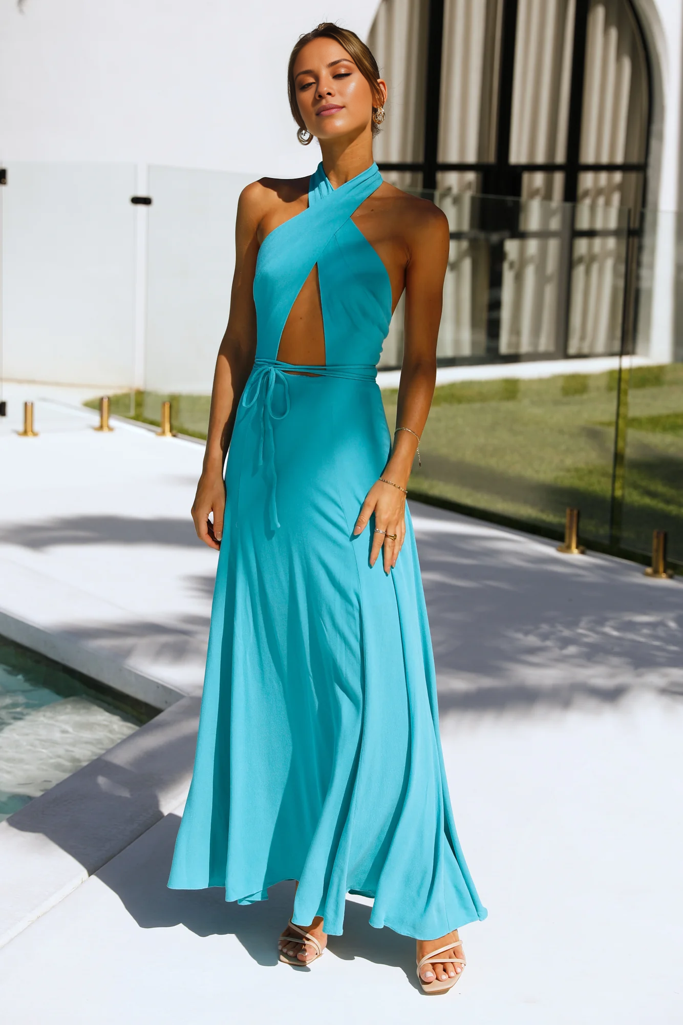 Jimiss halter neckline sleeveless backless long Prom dress