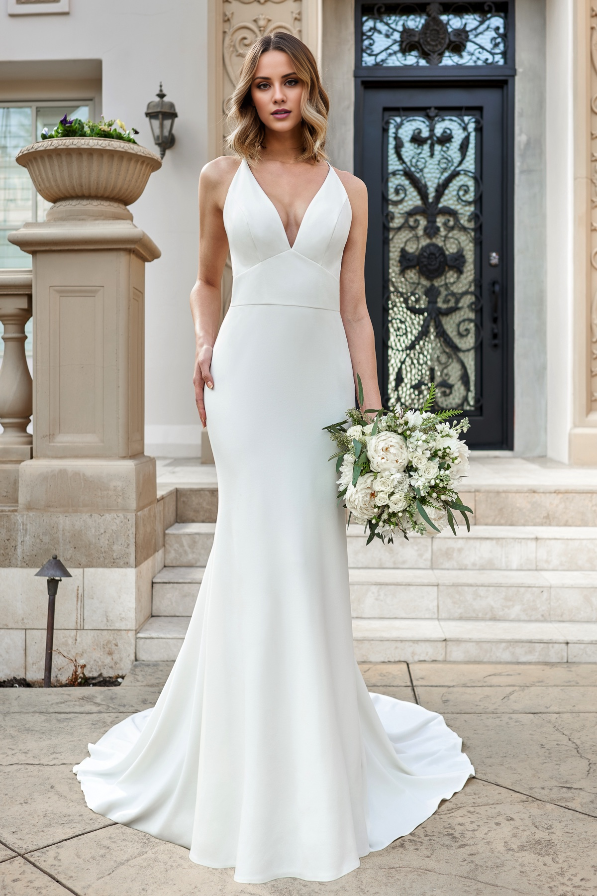 Deep V-neck crepe slim fit horn and floor length wedding dress