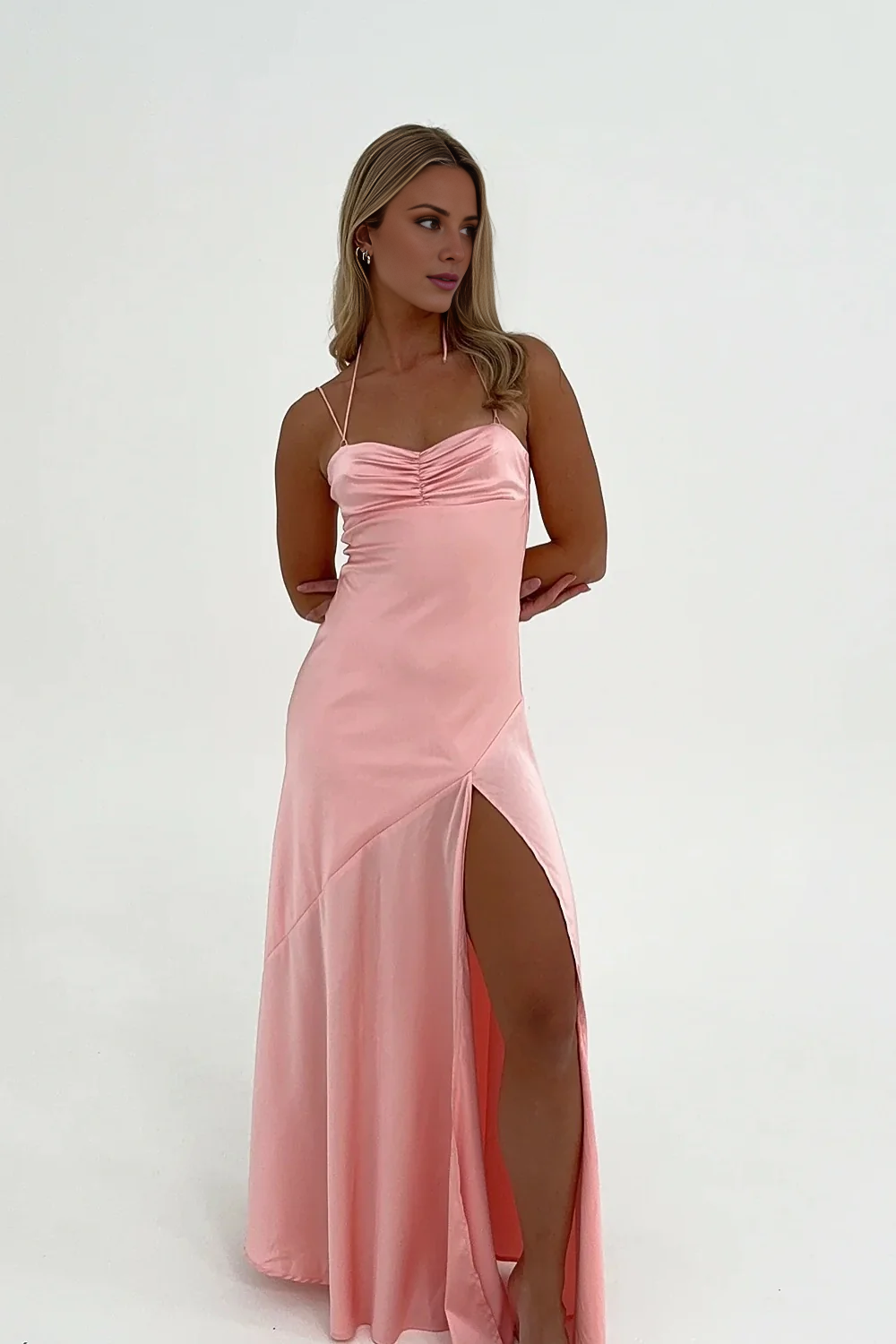 Jimiss minimalist tight thin shoulder strap pink front slit long Prom dress