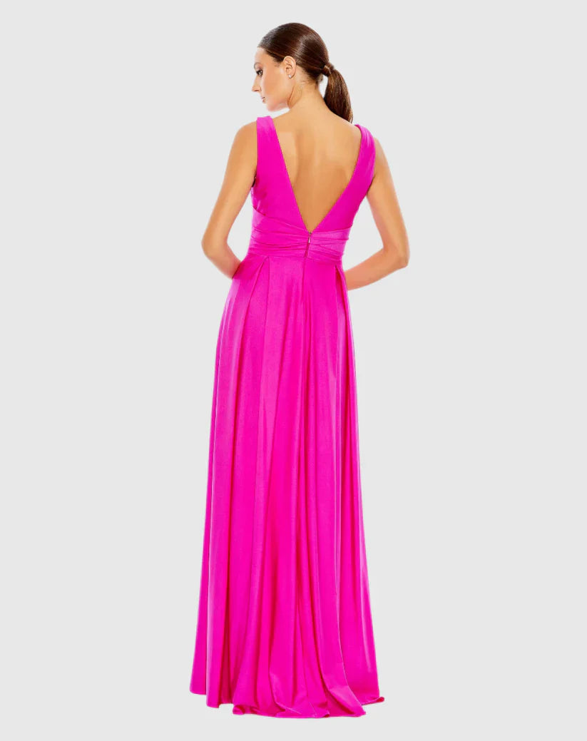 Deep V neckline sleeveless backless side slit floor length evening dress