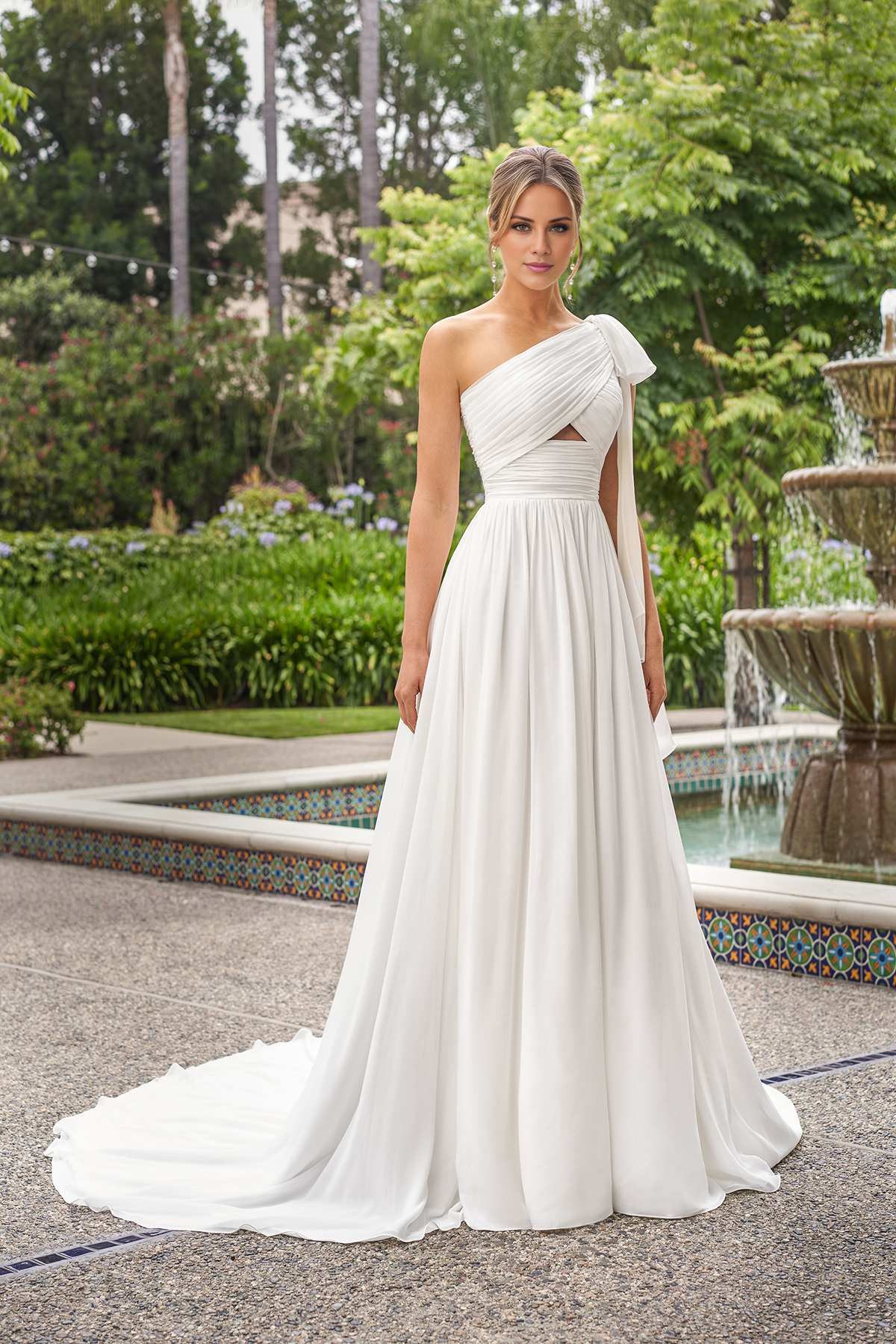 A-line crepe low round neck exquisite thin shoulder strap and floor length wedding dress