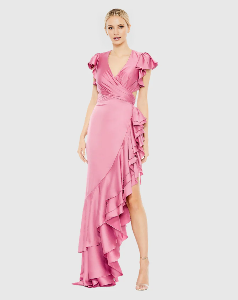Ruffle sleeves hollow asymmetric ruffled floor-length evening dress