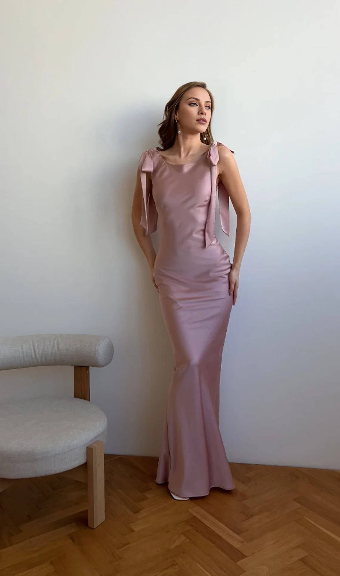 Jimiss boat neck sleeveless bow shoulder strap and floor length Prom dress