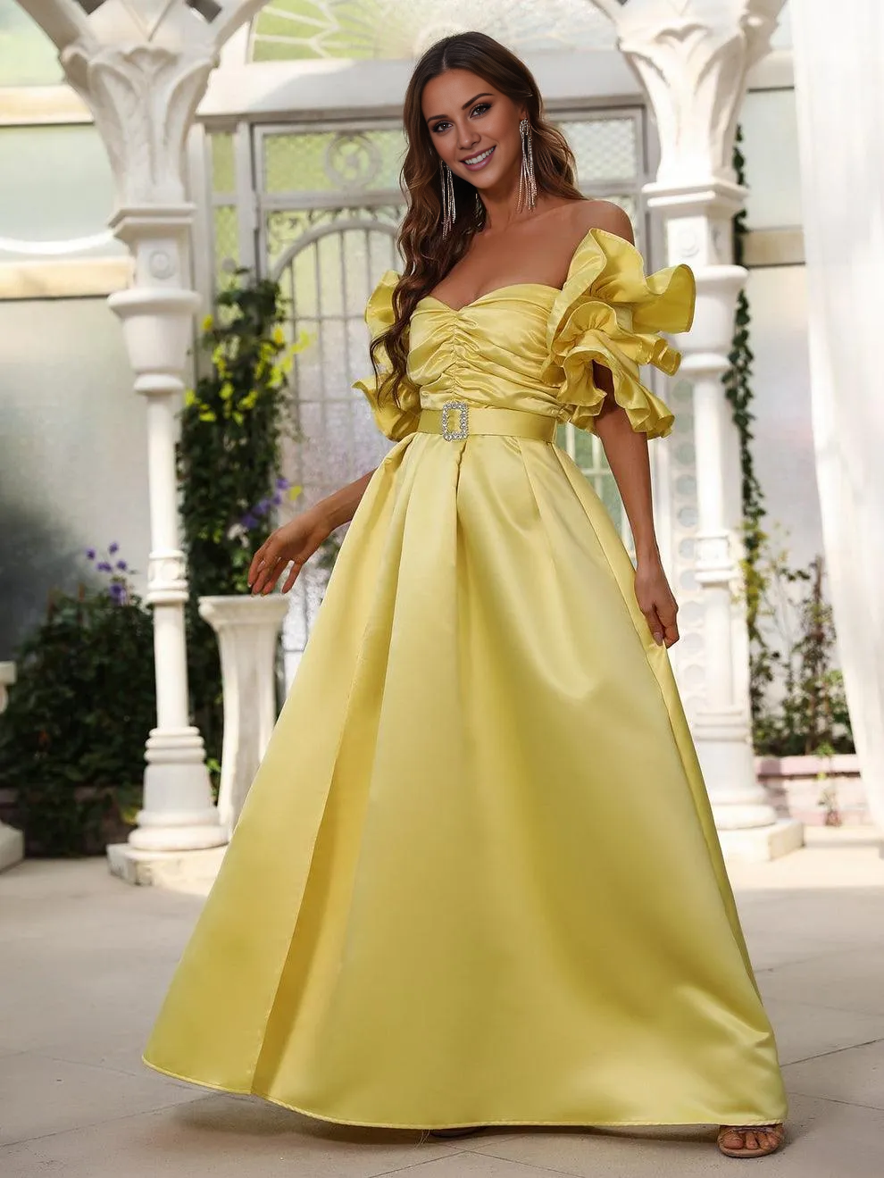 A-line pleated ruffled satin and floor length formal dress