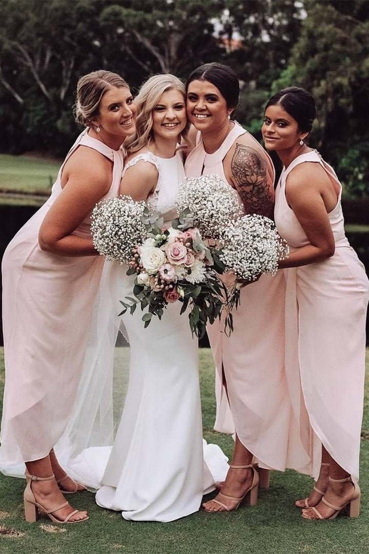 Halter Pink Wrap Bridesmaid Dress with Keyhole