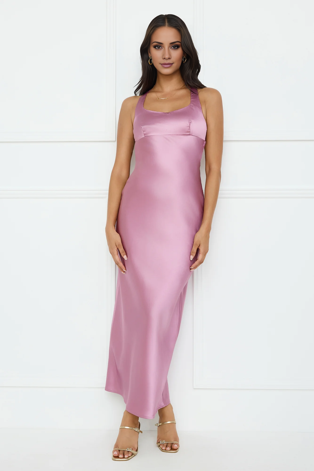 Jimiss round neck satin backless long Prom dress