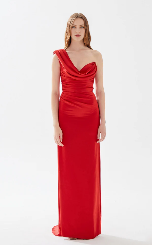 A-line asymmetrical collar tight corset and floor length evening dress