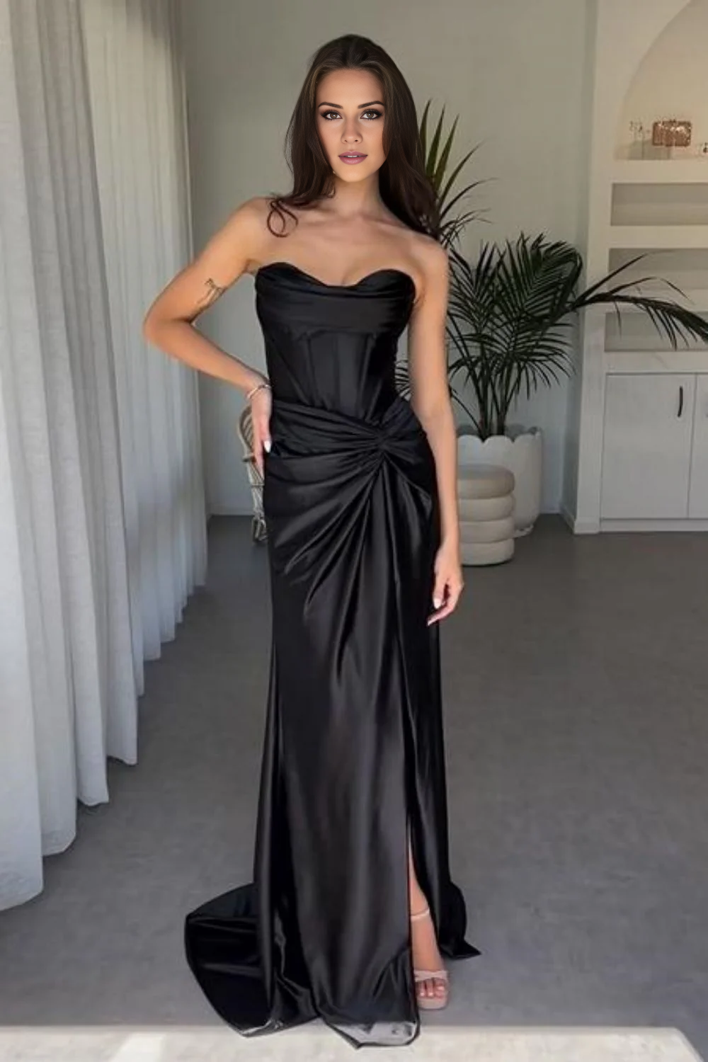 Jimiss Fashion Mermaid Off Shoulder Strap Long Satin Split Prom Dress