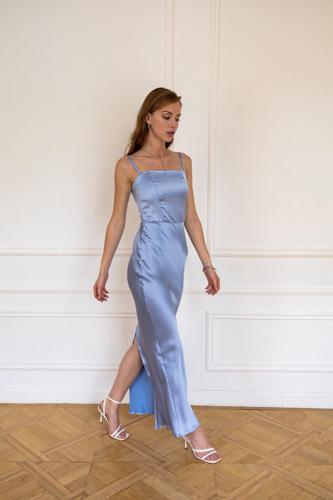 Jimiss - Thin shoulder strap square neck side slit and floor length Prom dress