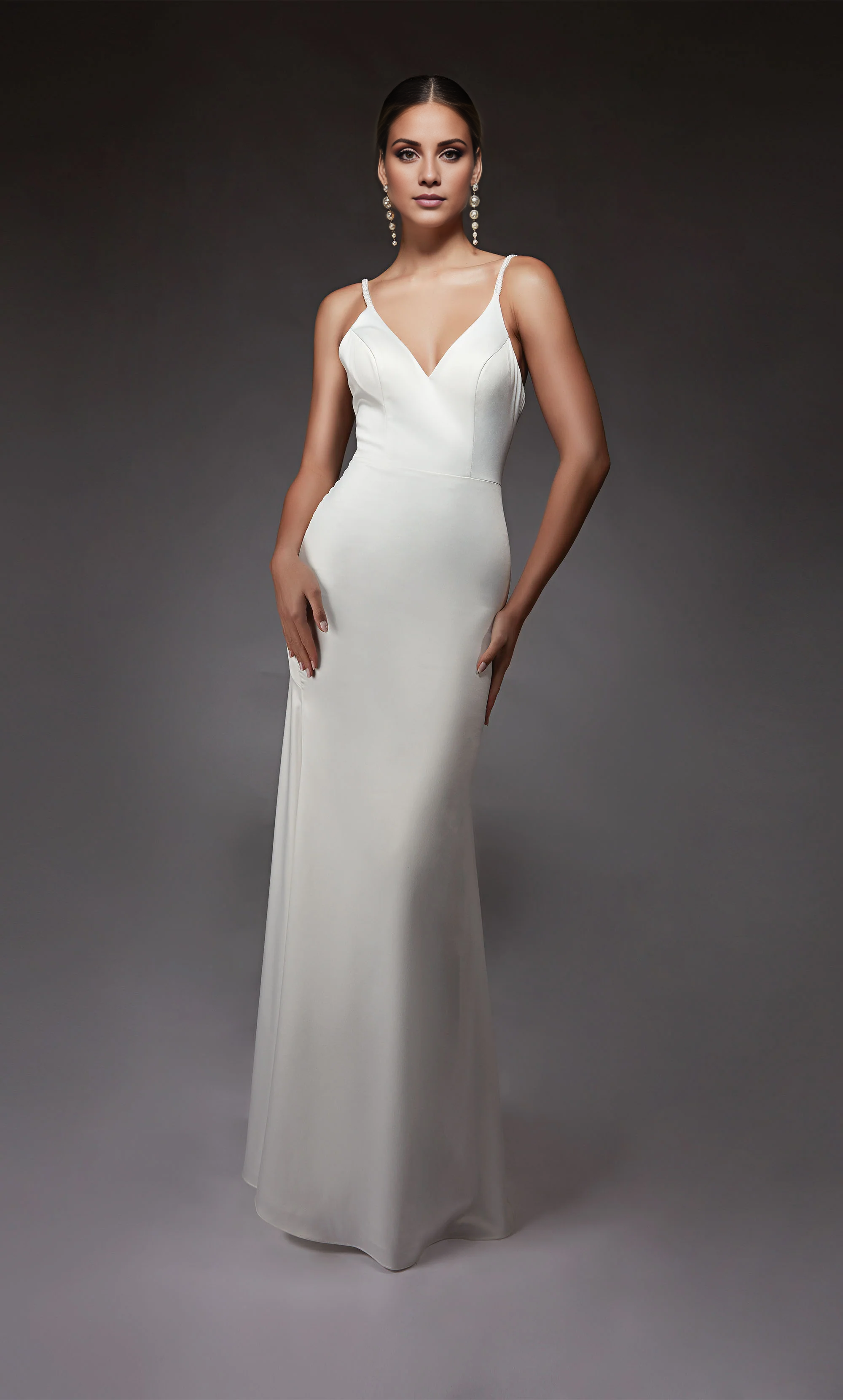 Perfect satin V-neck straight tube backless satin button wedding dress