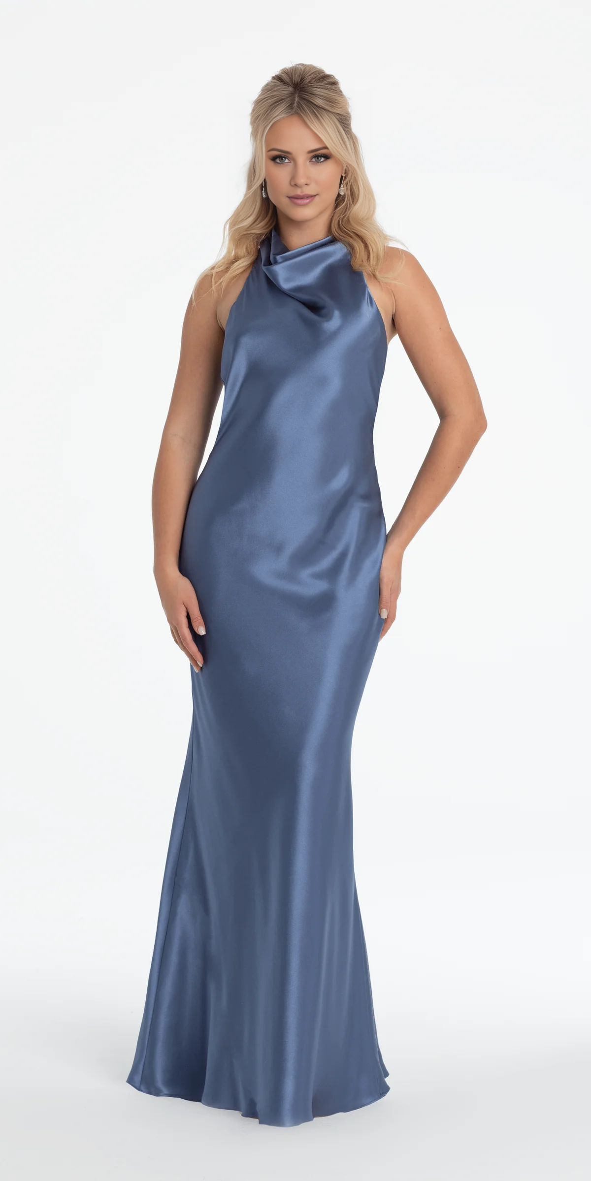 Jimiss halter neckline satin sleeveless off shoulder and floor length Prom dress