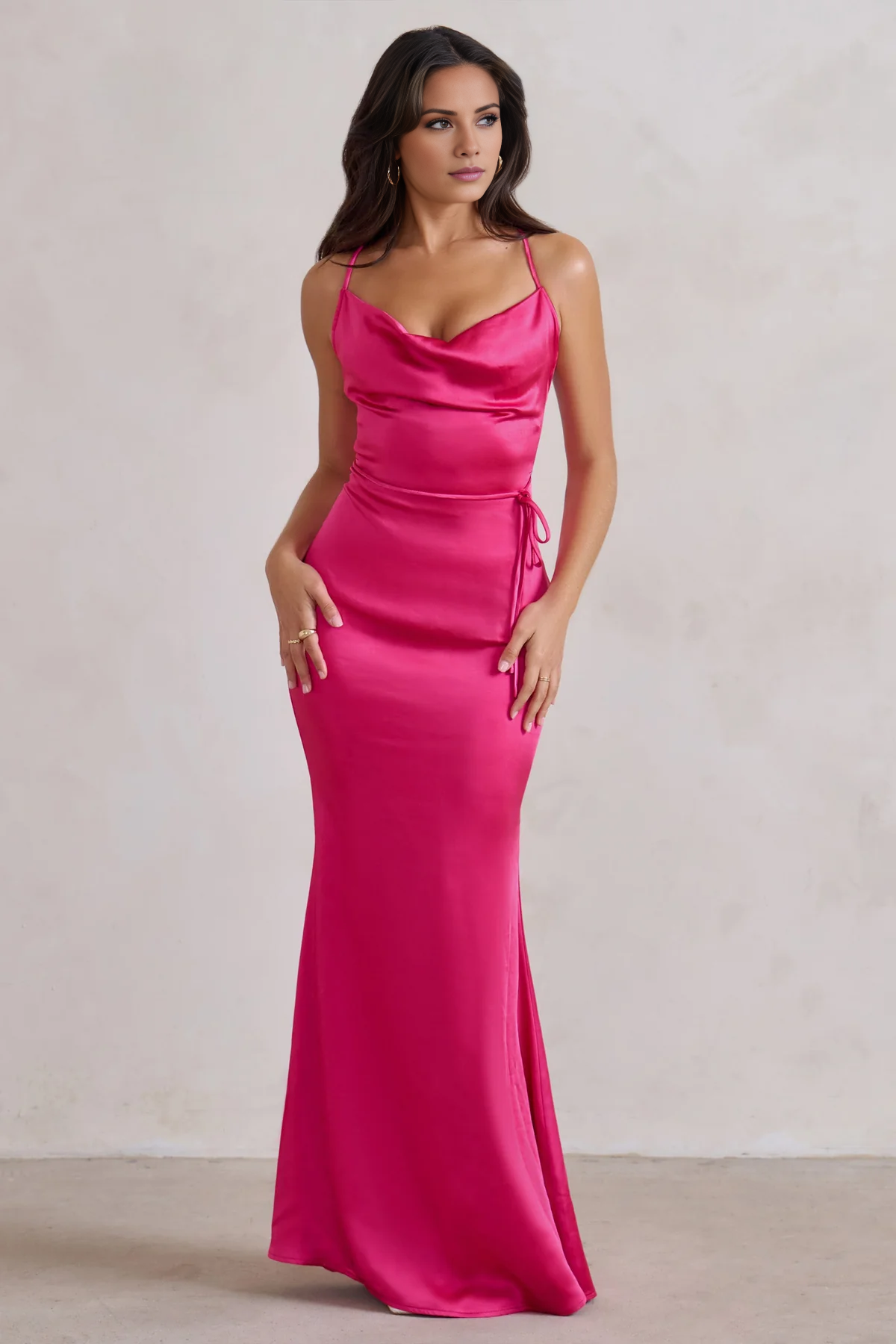 Thin shoulder strap satin cross back and floor length evening dress - Jimiss Dress