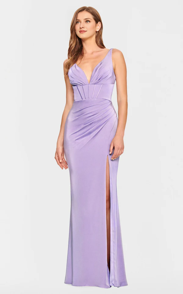 Deep V-neck sleeveless satin tight corset with side slits and floor length evening dress