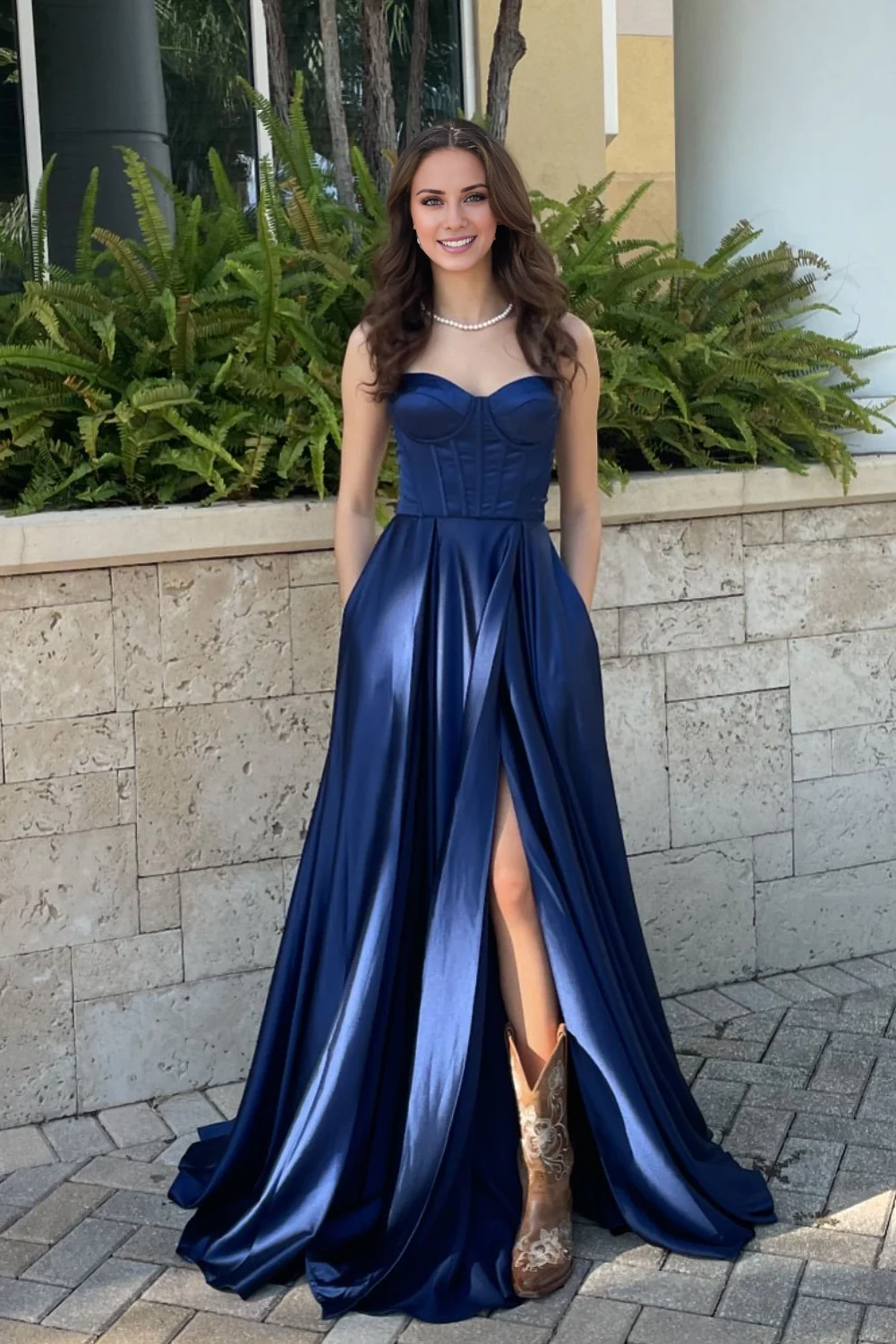 Jimiss navy blue satin A-line suspender with slit long dress