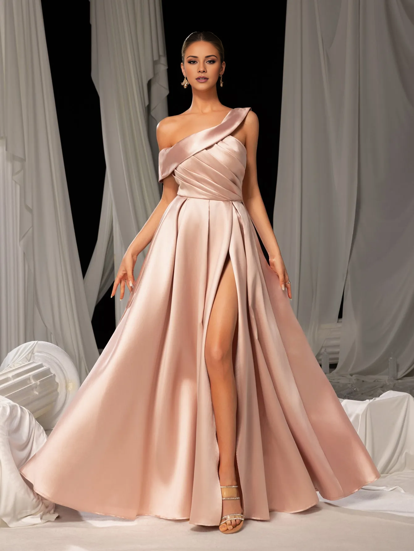 Slant neck slit A-line satin and floor length formal dress