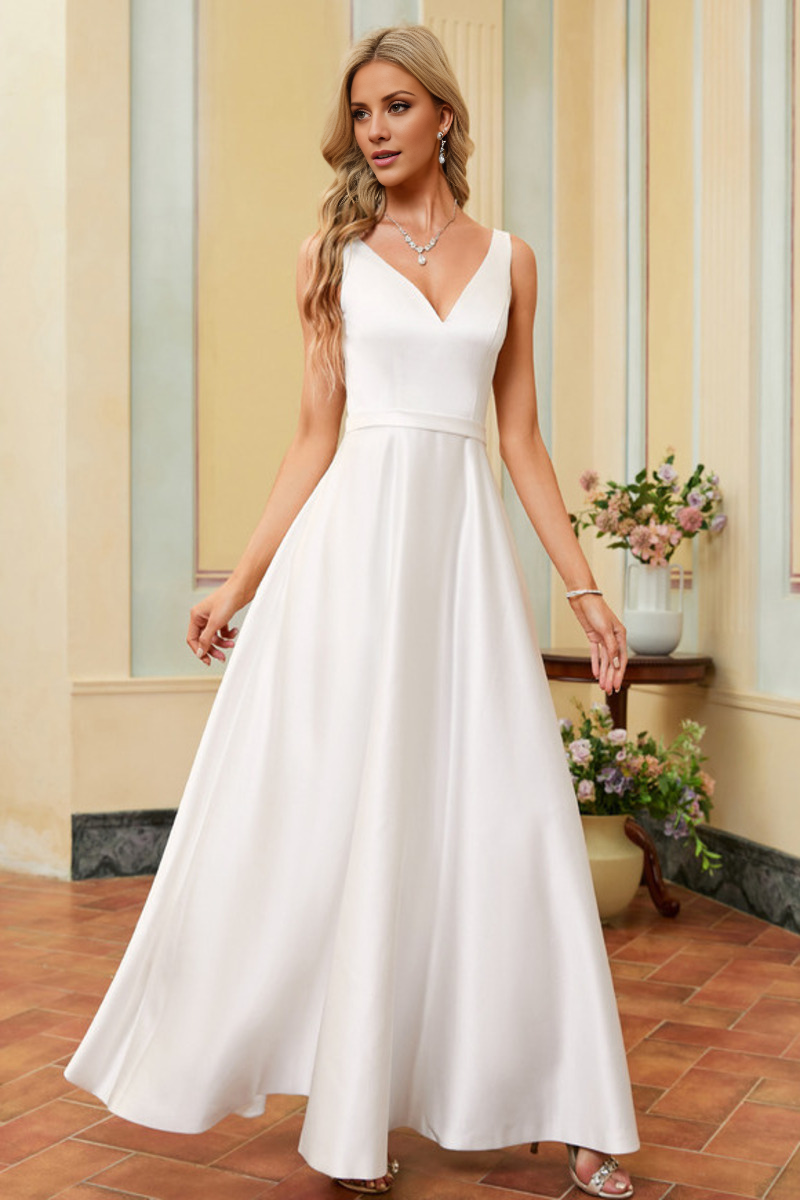 A-line V-neck sleeveless thin shoulder strap and floor length satin wedding dress
