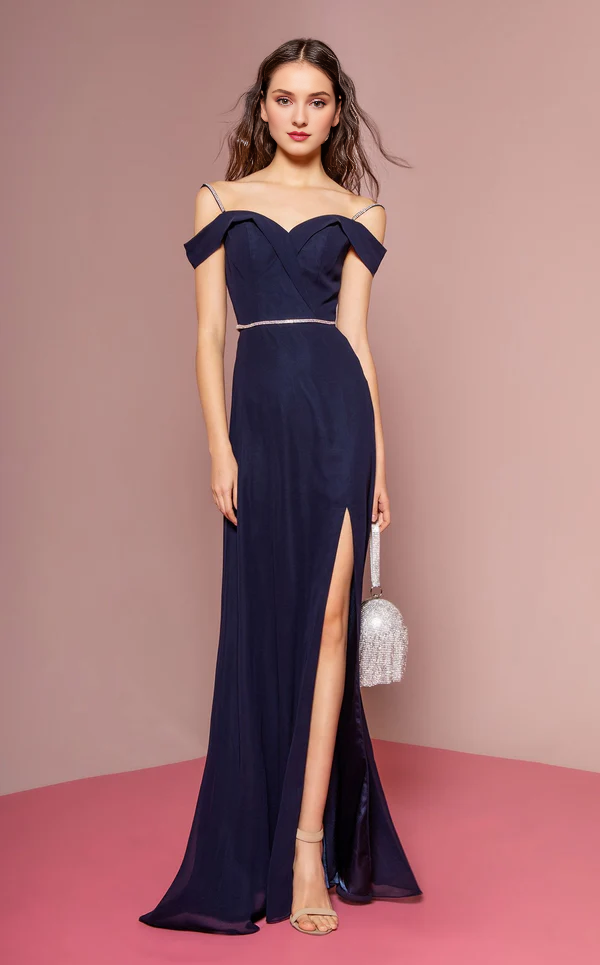 Off shoulder slim shoulder straps high slit tight fitting and floor length godons evening dresses