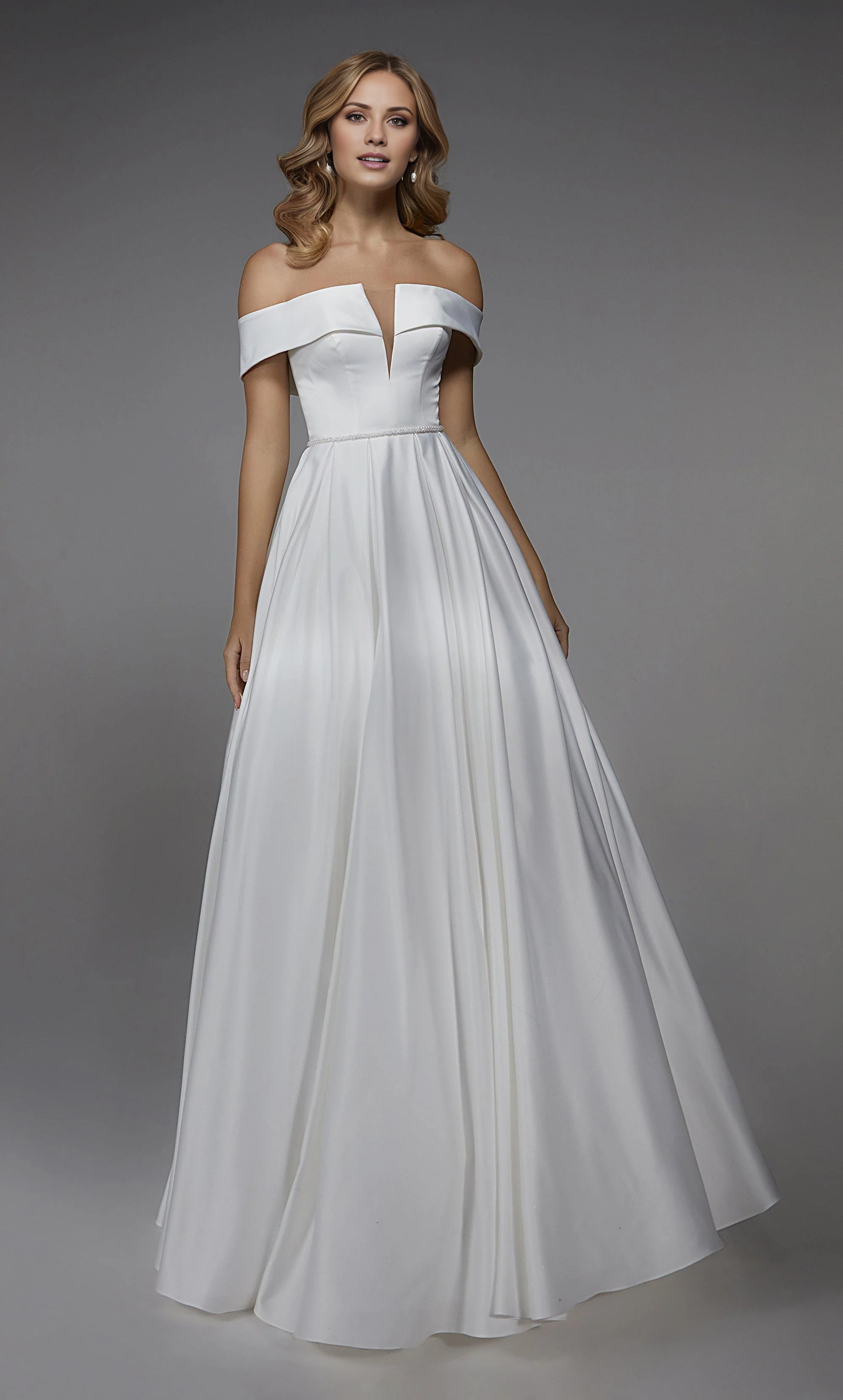 Perfect satin off shoulder A-line backless and floor length wedding dresses