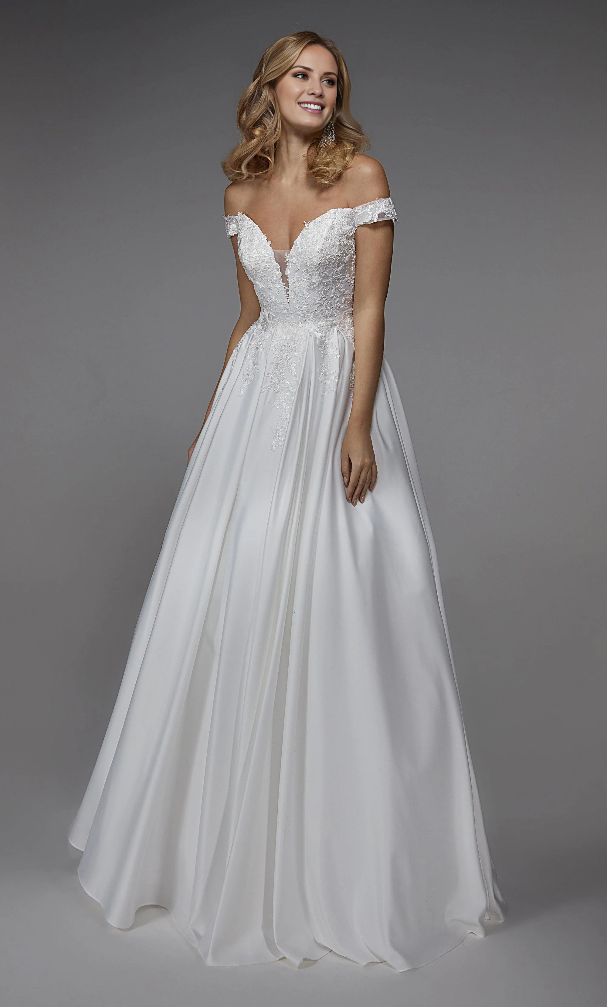 Perfect satin off shoulder A-line backless lace embroidery and floor length wedding dresses
