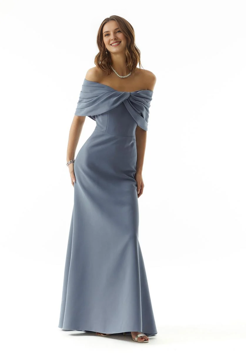 A-line off shoulder collar with simple slim fit crepe and floor length godons evening dresses