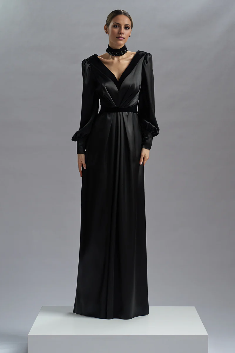 Deep V-neck satin long sleeved and floor length evening gown