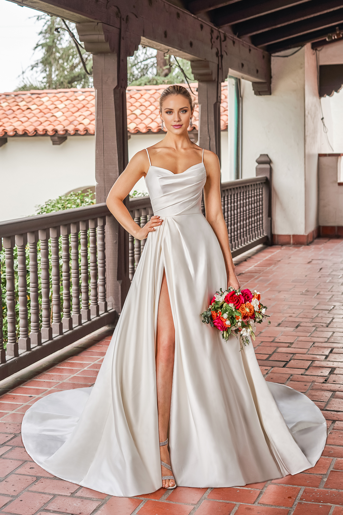 A-line satin asymmetric pleated garment with side slits and floor length wedding dress