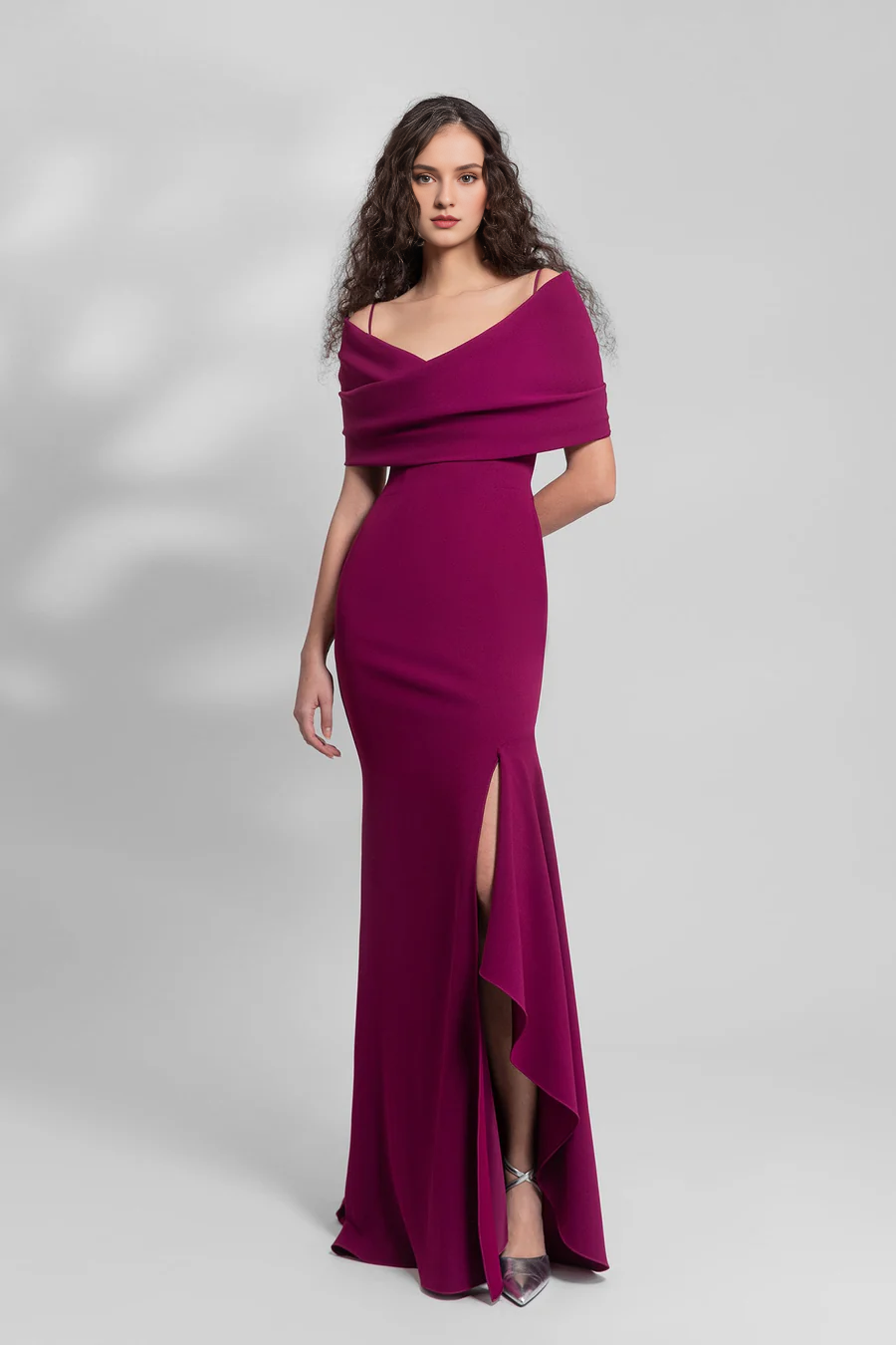 Hanging off shoulder crepe side slits and floor length gowns evening dresses