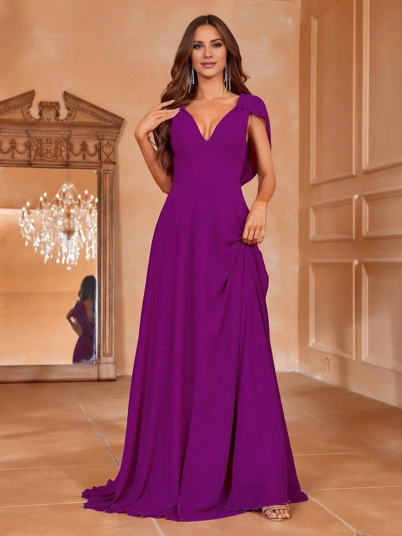 A-line V-neck hanging back chiffon and floor length formal dress