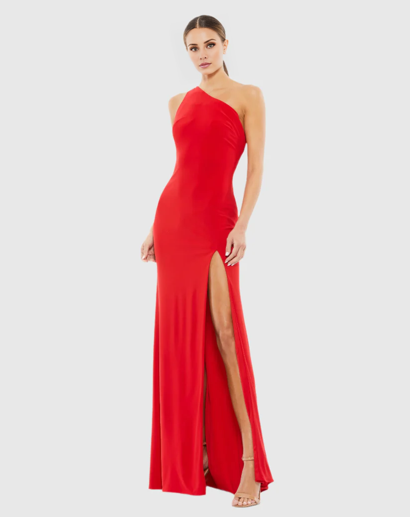One shoulder neckline sleeveless side slit floor length evening dress