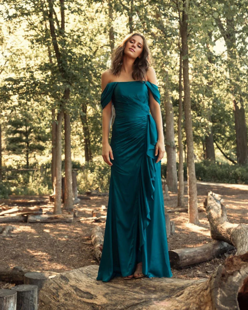 Off-the-shoulder corset with side slits floor-length evening dress