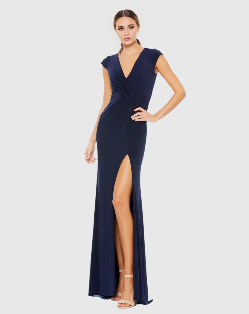 V-neck pleated side slit floor-length evening dress