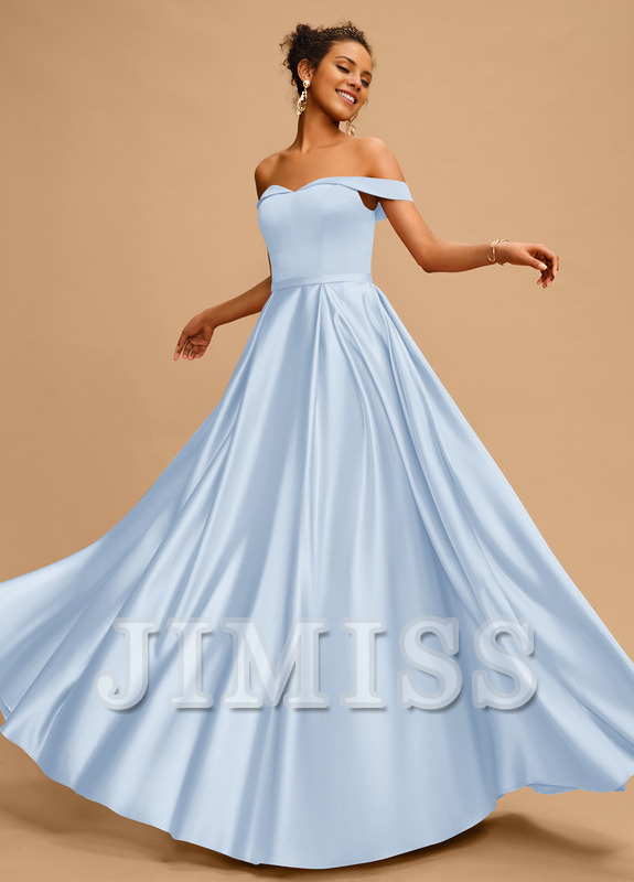 A-line off-the-shoulder floor-length satin prom dress