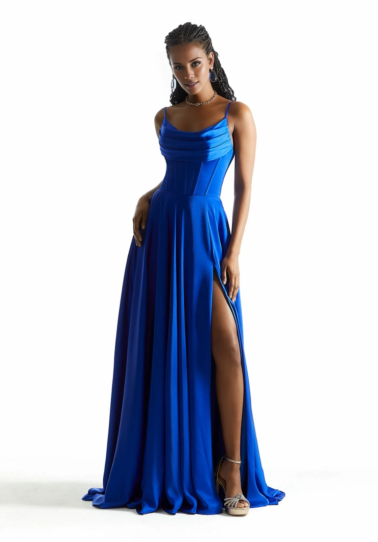 A-line hanging satin collar and floor length evening gown