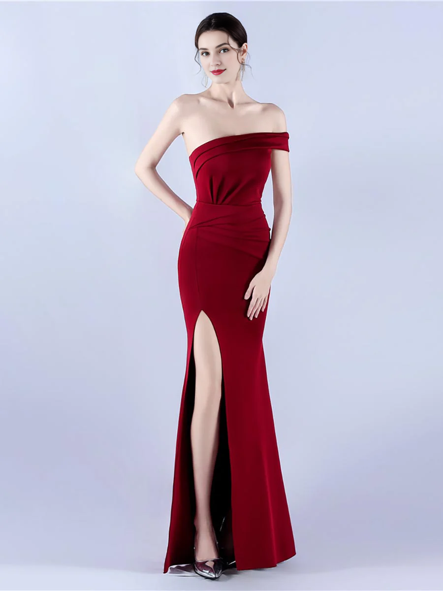Off shoulder slim shoulder straps with side slits and ground length godons evening dresses