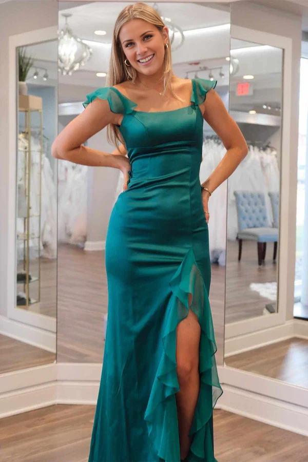 Jimiss Charming Mermaid Square Neck Green Long Ruffle Prom Dress