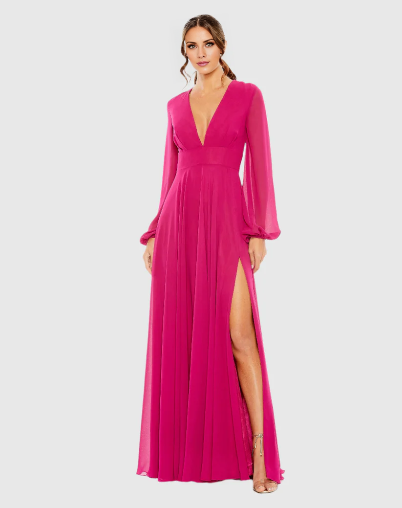 V-neck phantom long sleeve chiffon side slit floor-length evening dress