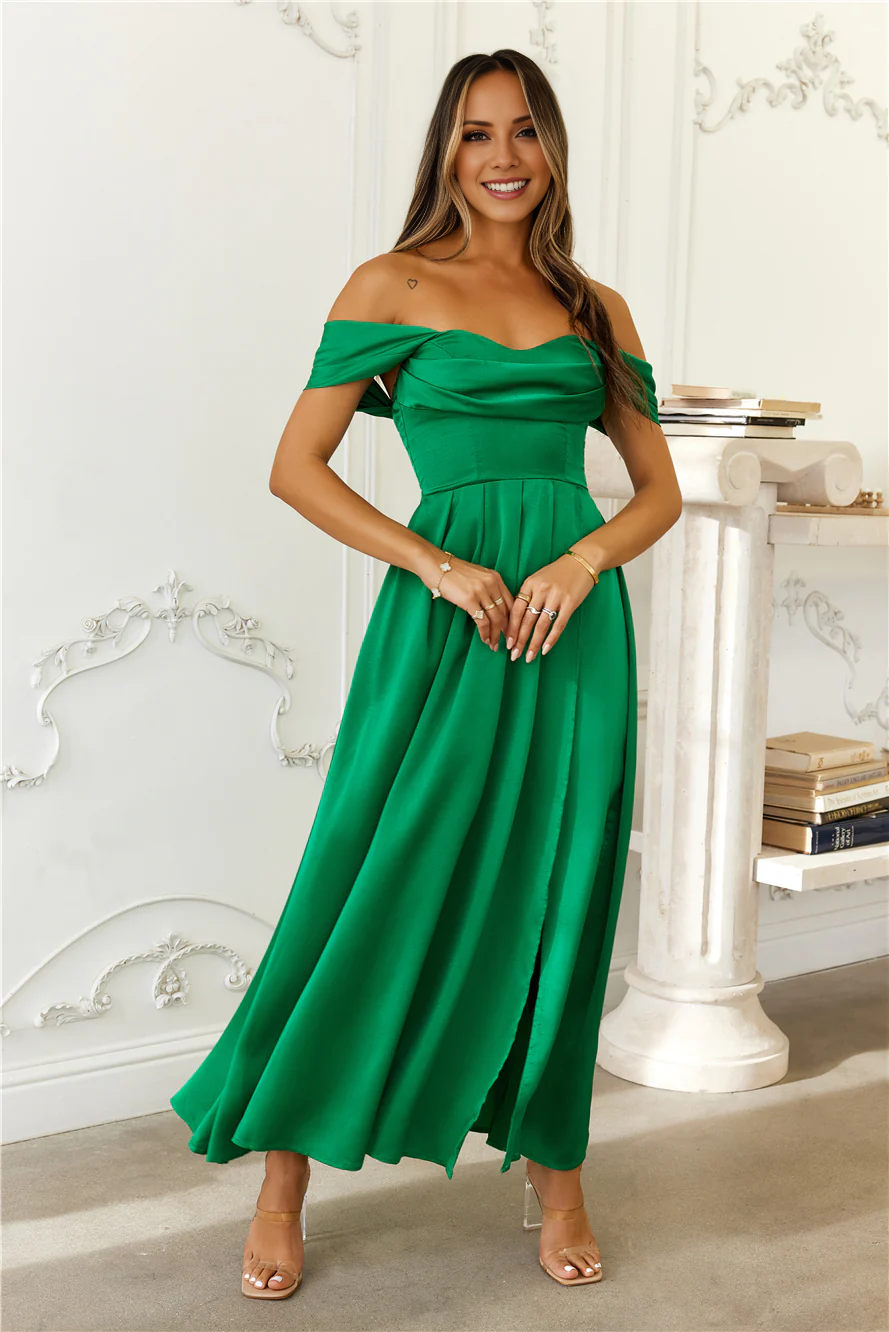 Jimiss Off Shoulder Satin Back Strap Long Prom Dress