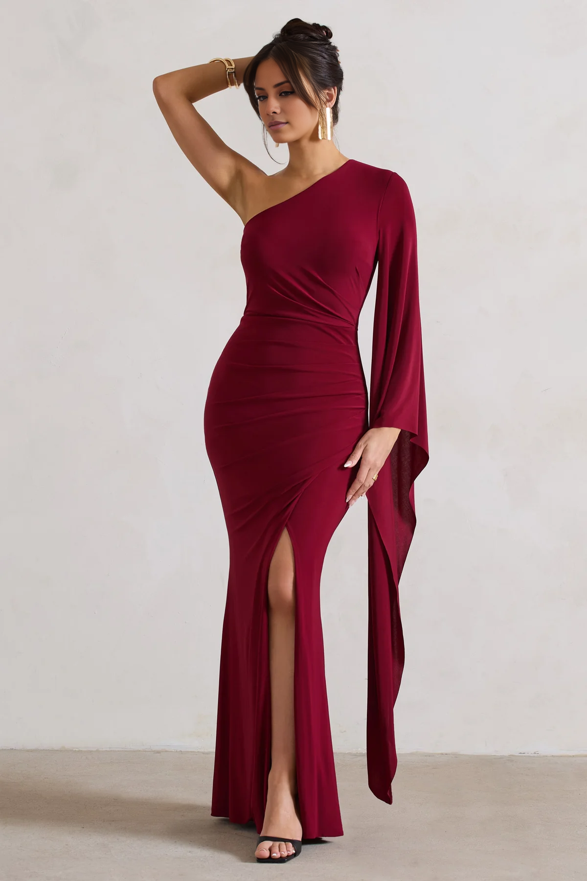 Ruffled One Shoulder Cloak Sleeve and Floor length Evening Dress - Jimiss Dress