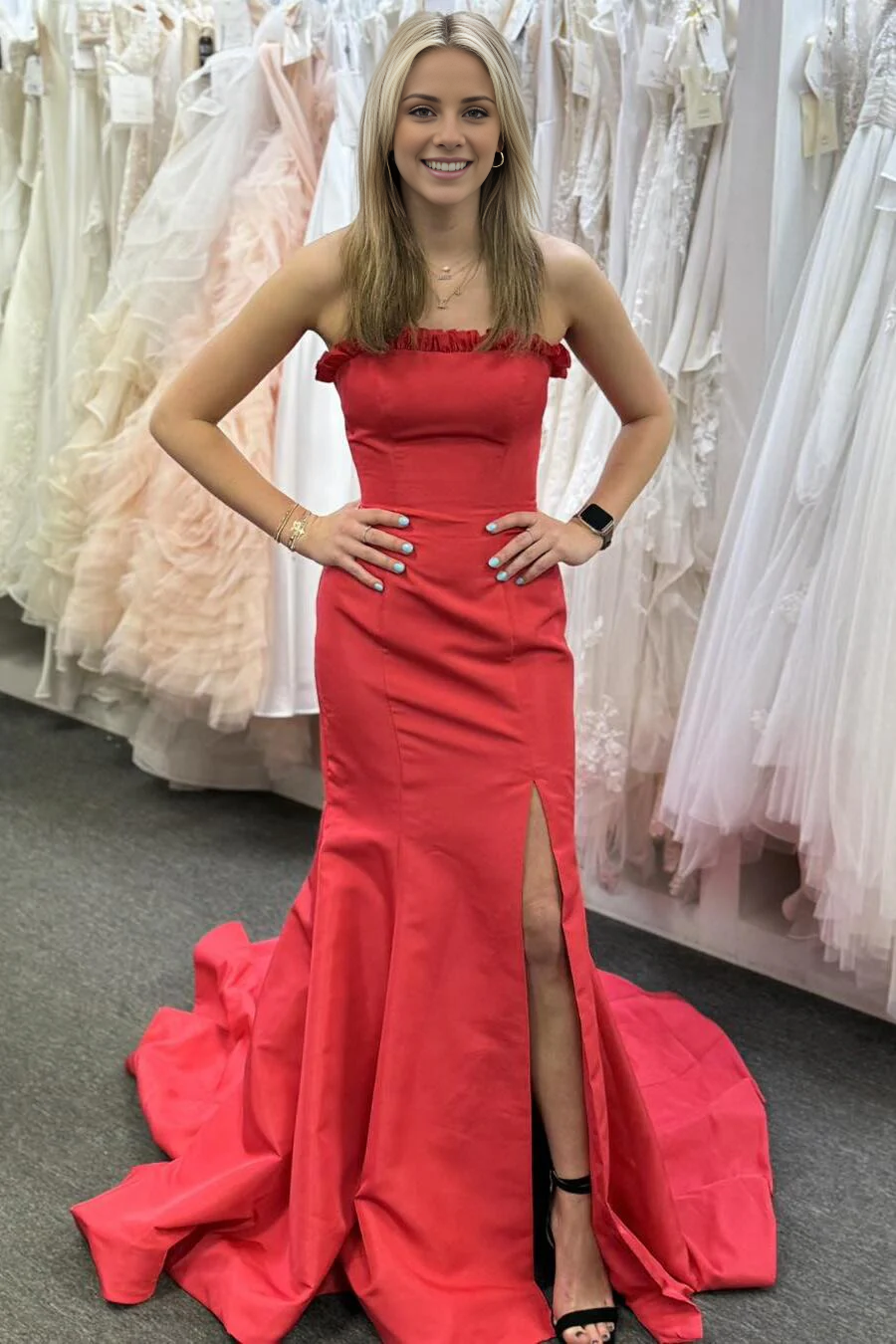 Jimiss off shoulder red satin slit with fish tail long dress