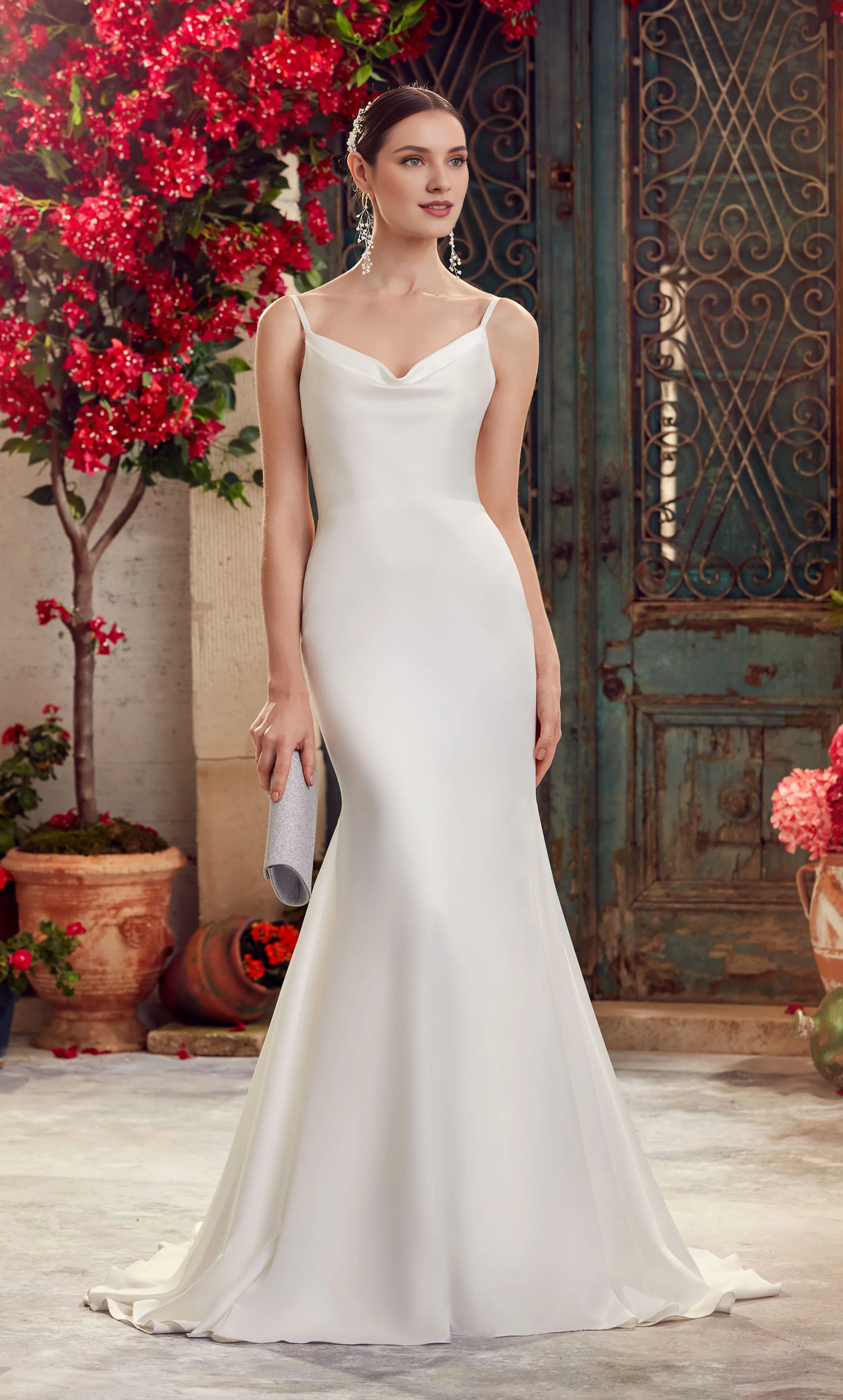 Perfect satin lapel slim fit trumpet shaped V-shaped back wedding dresses