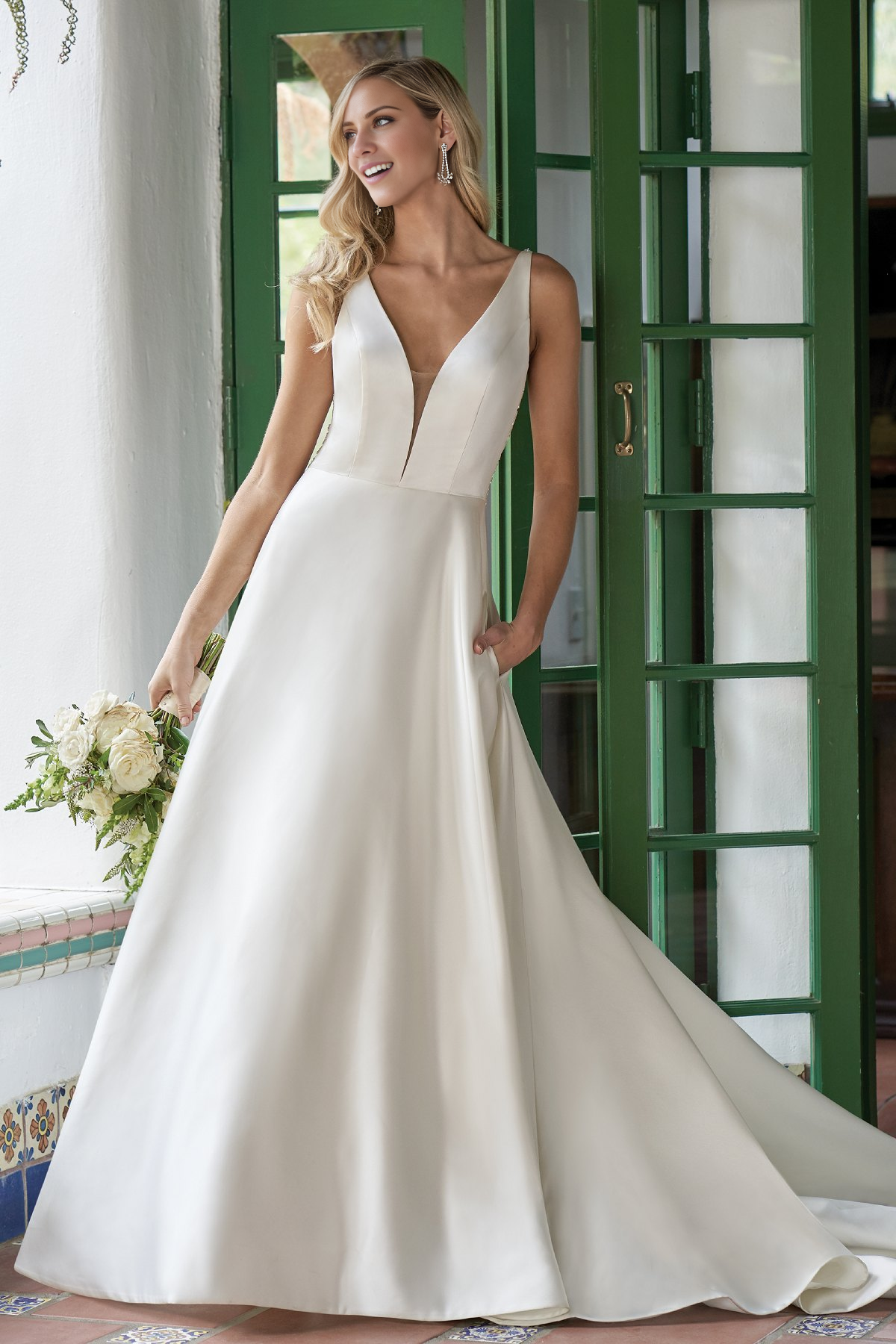 A-line V-neck satin embroidered bead and floor length wedding dress