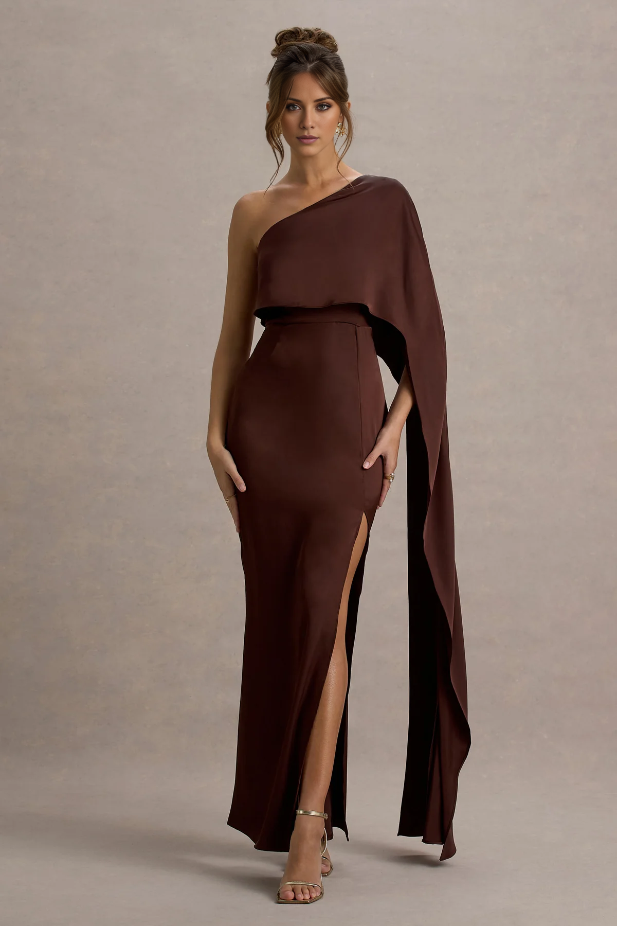 Asymmetric satin cape with side slit and floor length even dress - Jimiss Dress