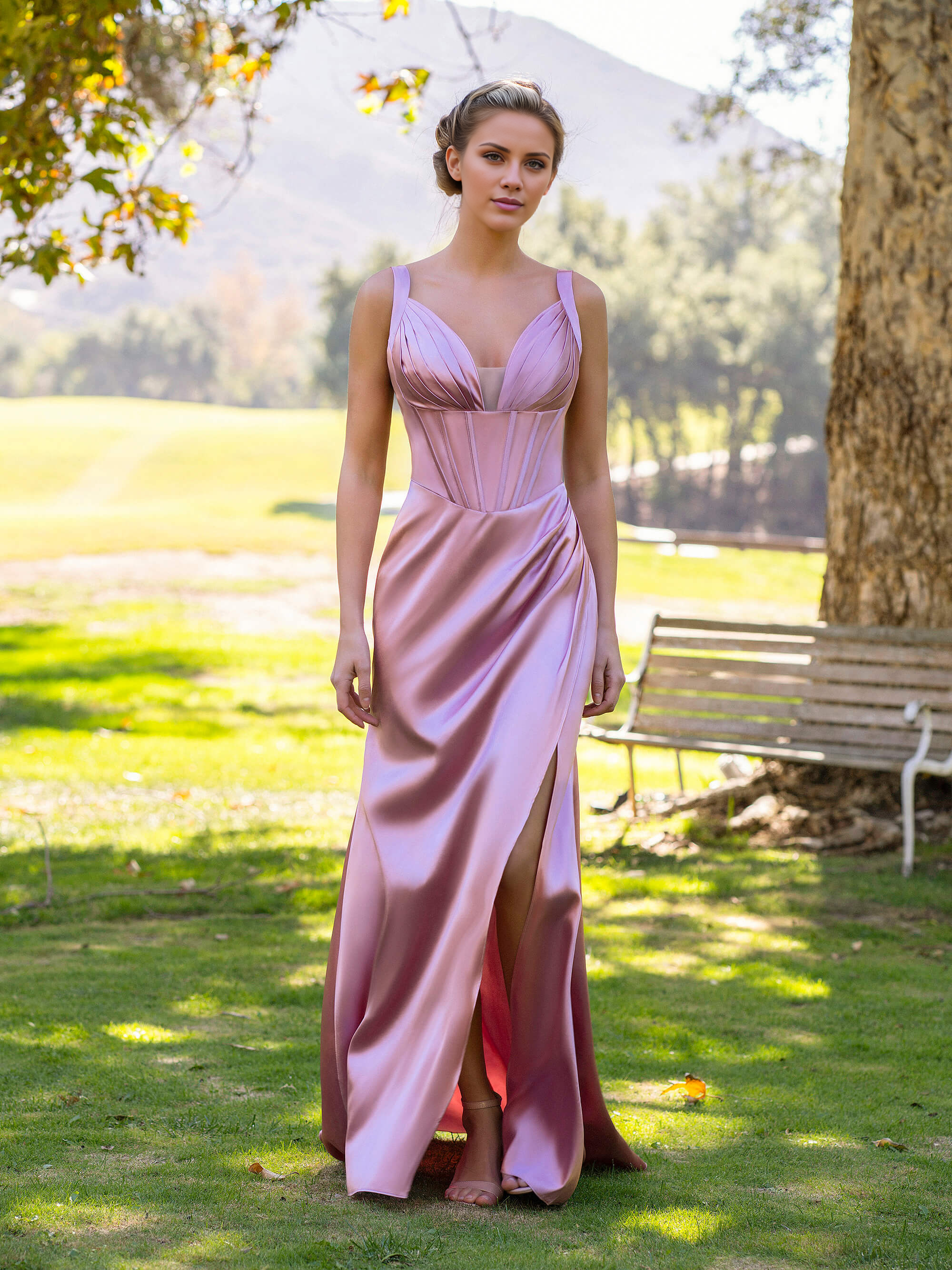 Pink V-neck satin backless side slit and floor length formal dress