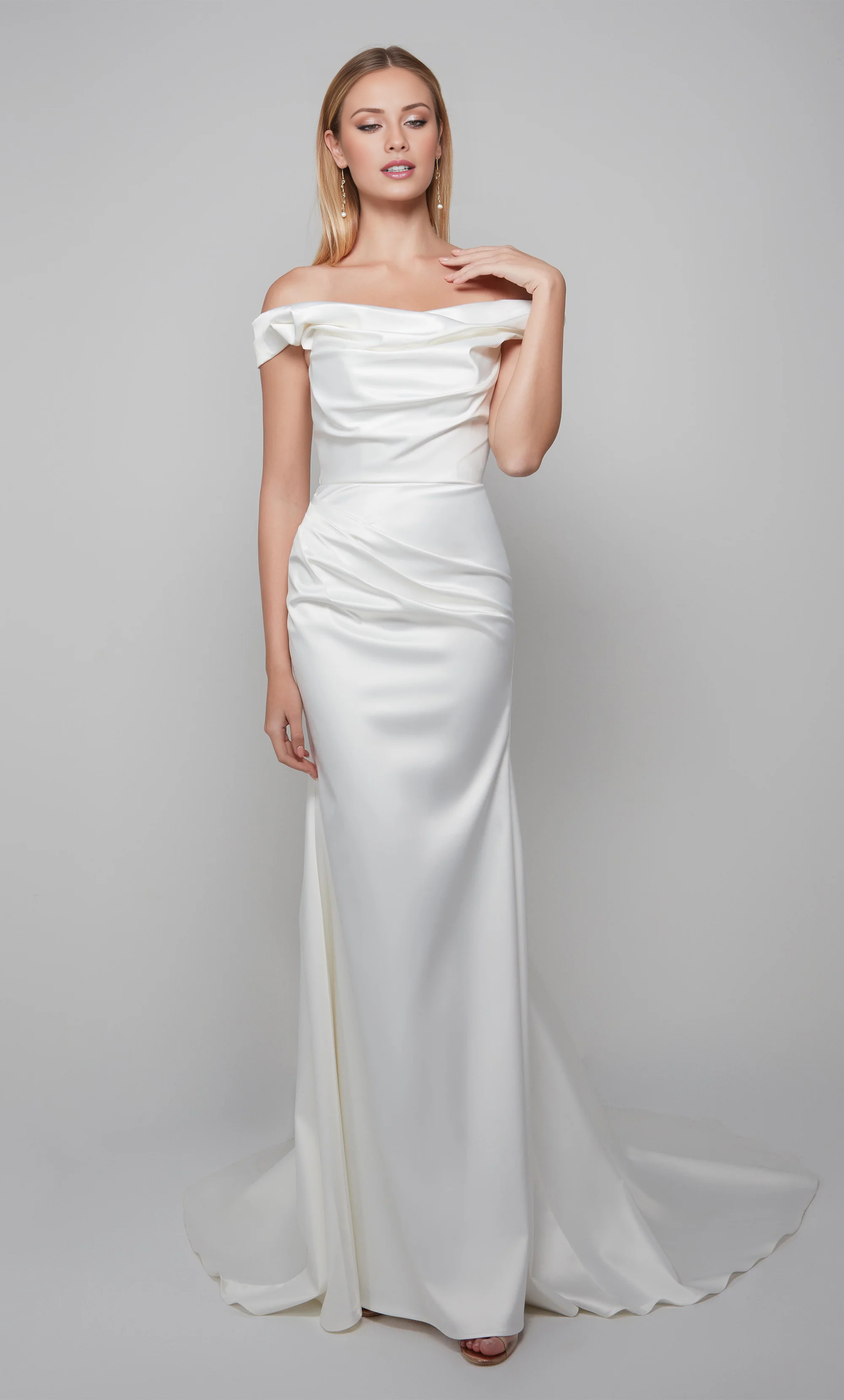 Satin off shoulder straight leg trailing and floor length wedding dresses