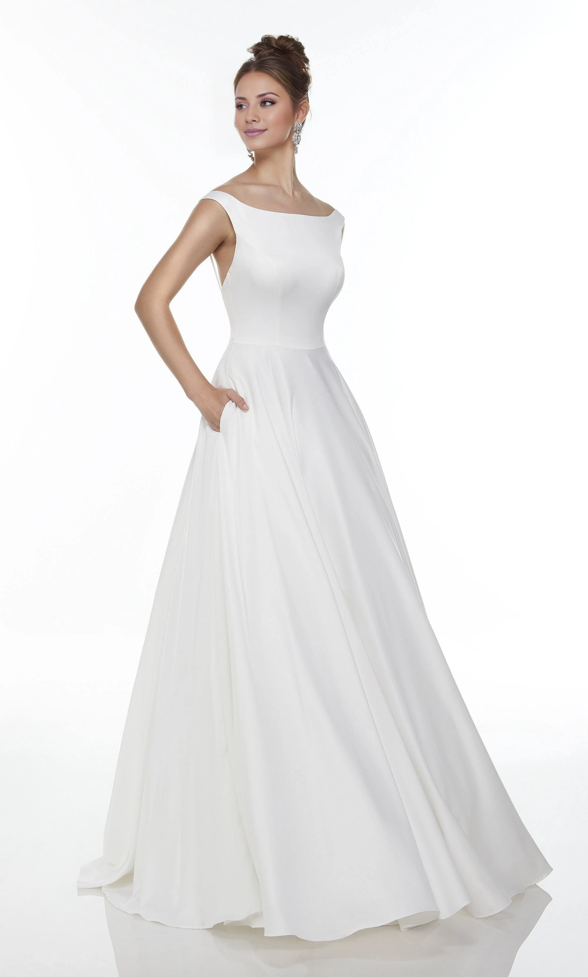 A-line Perfect Satin One Word Collar A-line Satin Button Wedding Dress