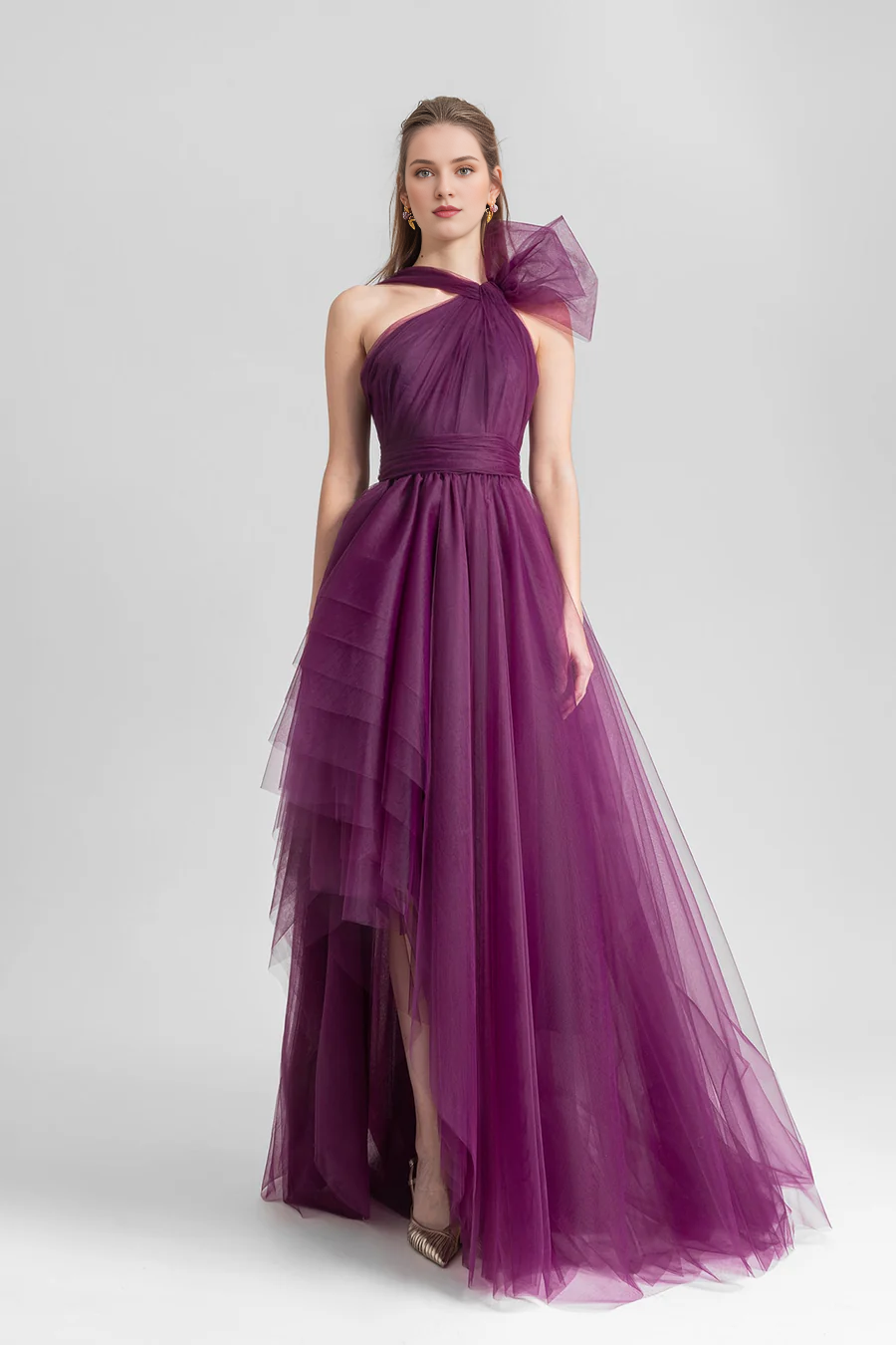 Asymmetric collar pleats and floor length gowns even dresses