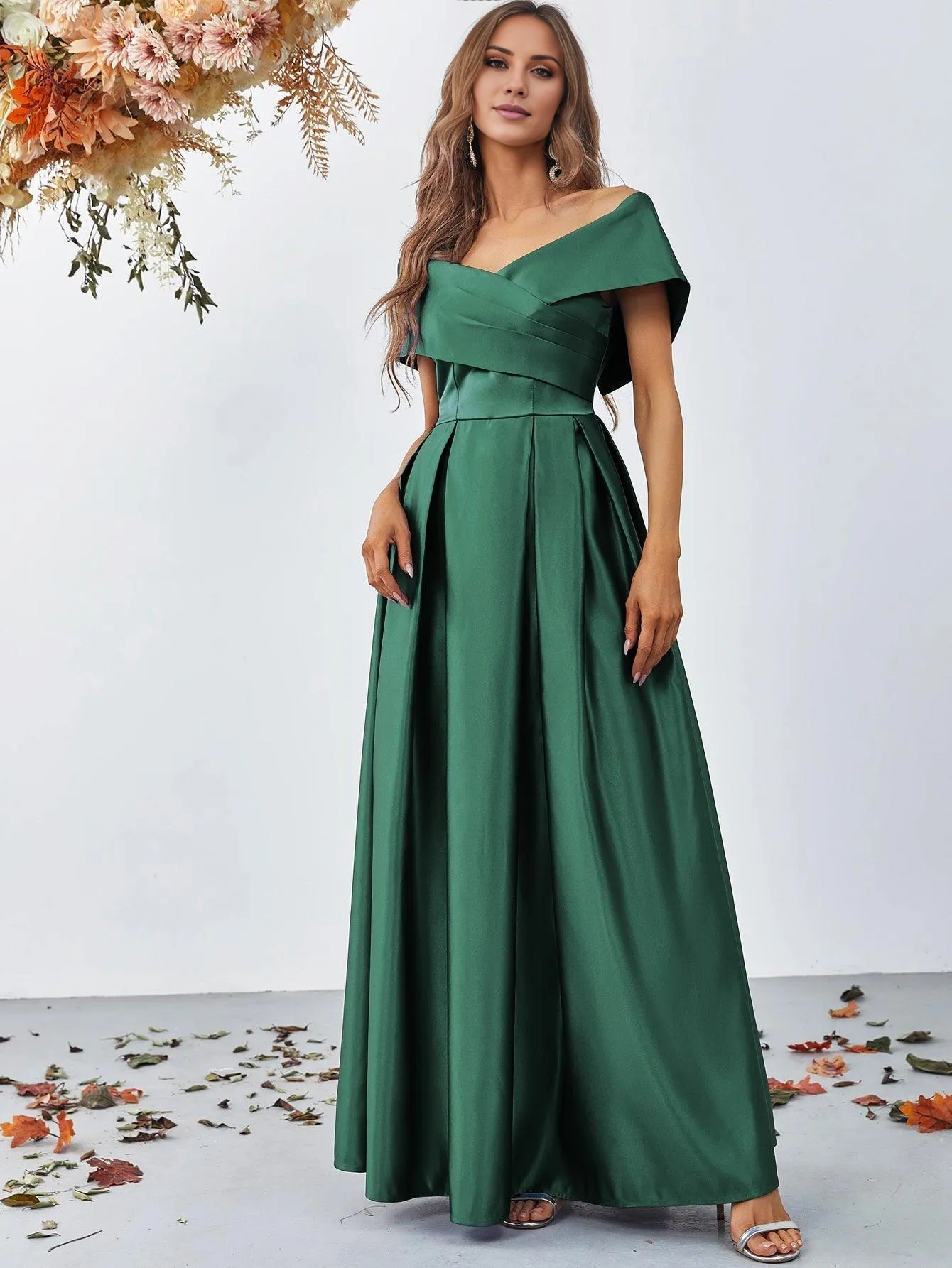 A-line off shoulder pleated detail satin and floor length formal dress