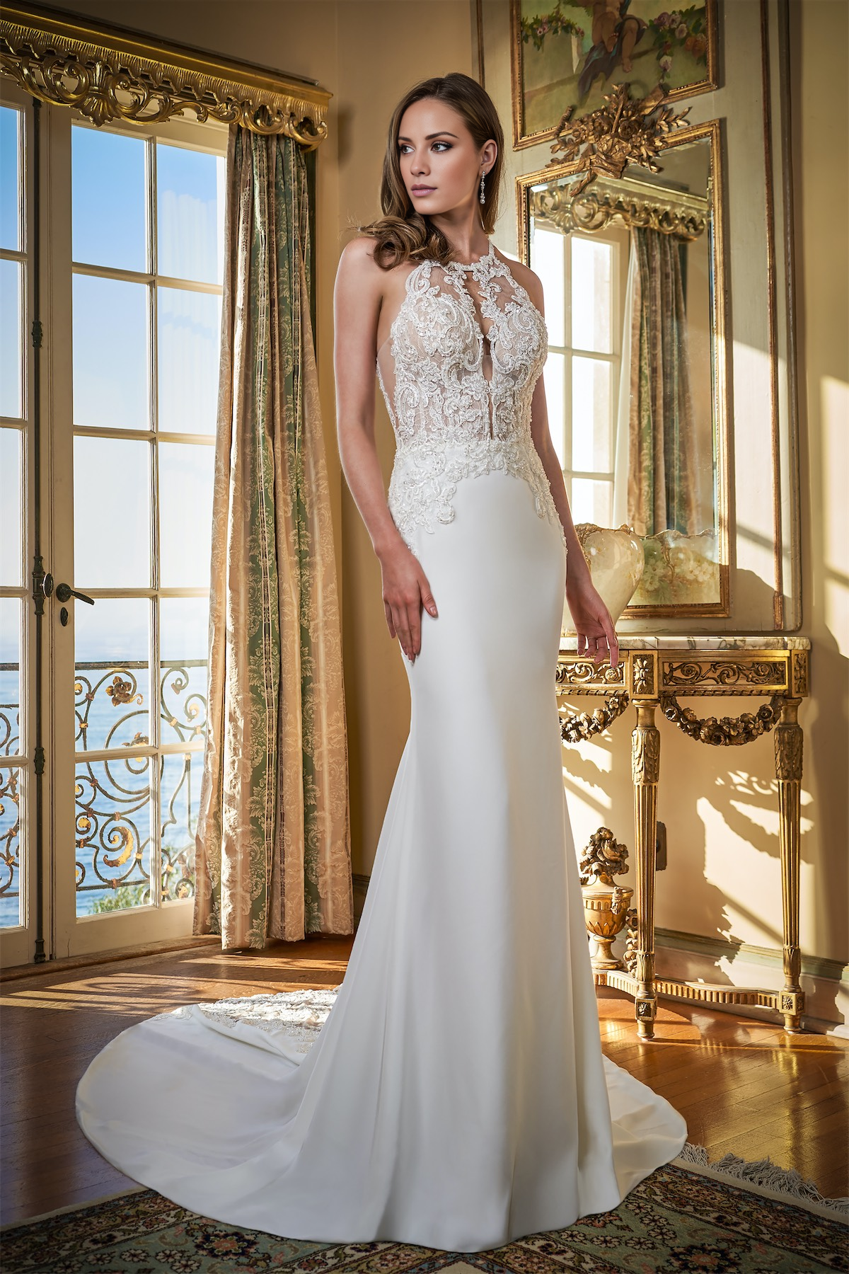 Crape fit trumpet hanging neck collar backless wedding dress